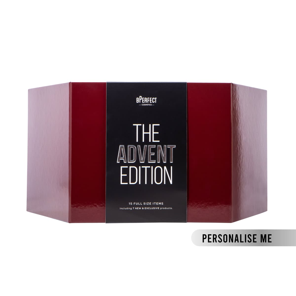 Glossy burgundy BPerfect The Advent Edition box with black band reading 15 full size items and a Personalise Me tag