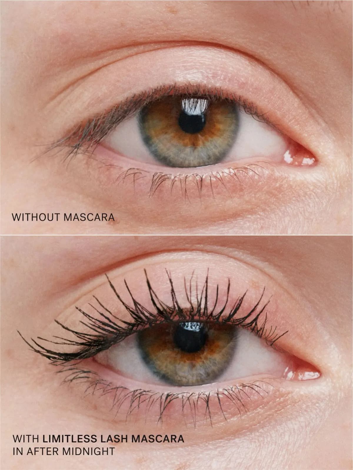 Before and after eye comparison showing bare lashes above and dramatic volumised lashes with Limitless Lash in After Midnight