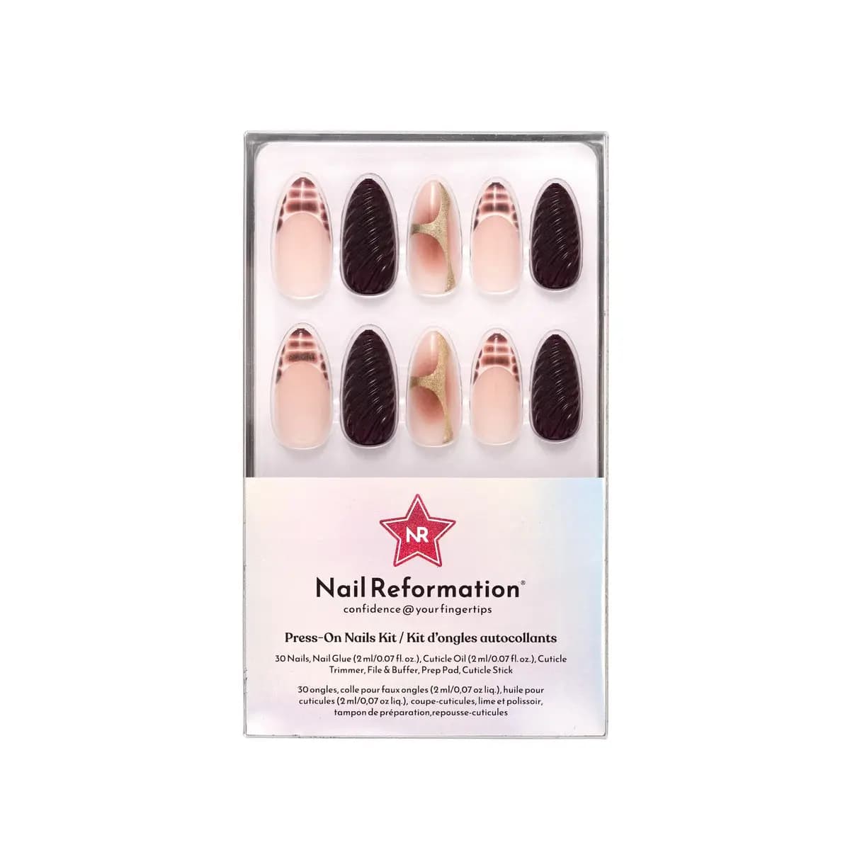 Nail Reformation Mauve Mirage kit with ridged dark plum nails, checked mauve French tips and nude with gold glitter arcs.