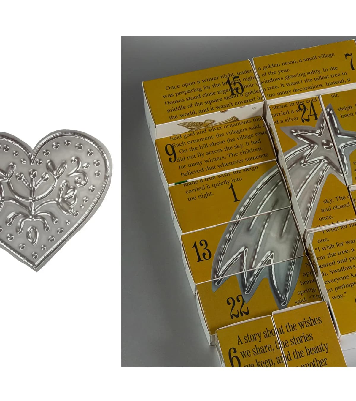 Embossed silver heart beside mustard-yellow boxes printed with a story and a silver shooting star