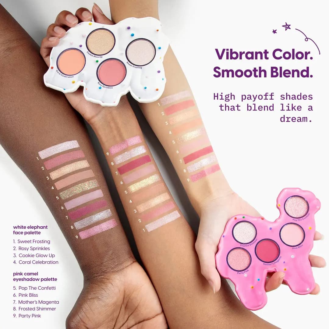 Nine numbered pink, peach and shimmer swatches on deep, medium and light arms holding both palettes