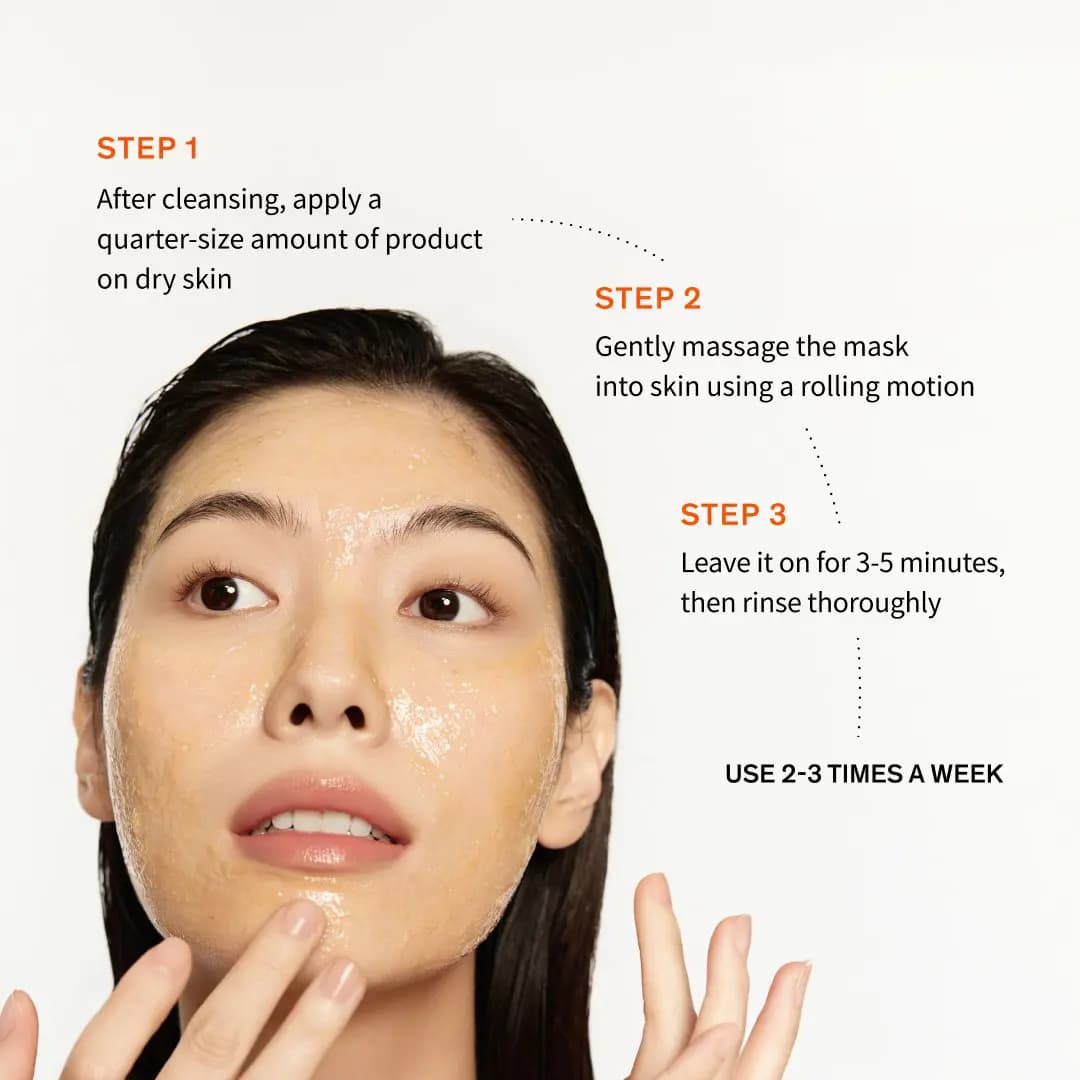 Model with slicked-back hair wearing glossy amber gel on the face beside three steps for use, 2-3 times a week