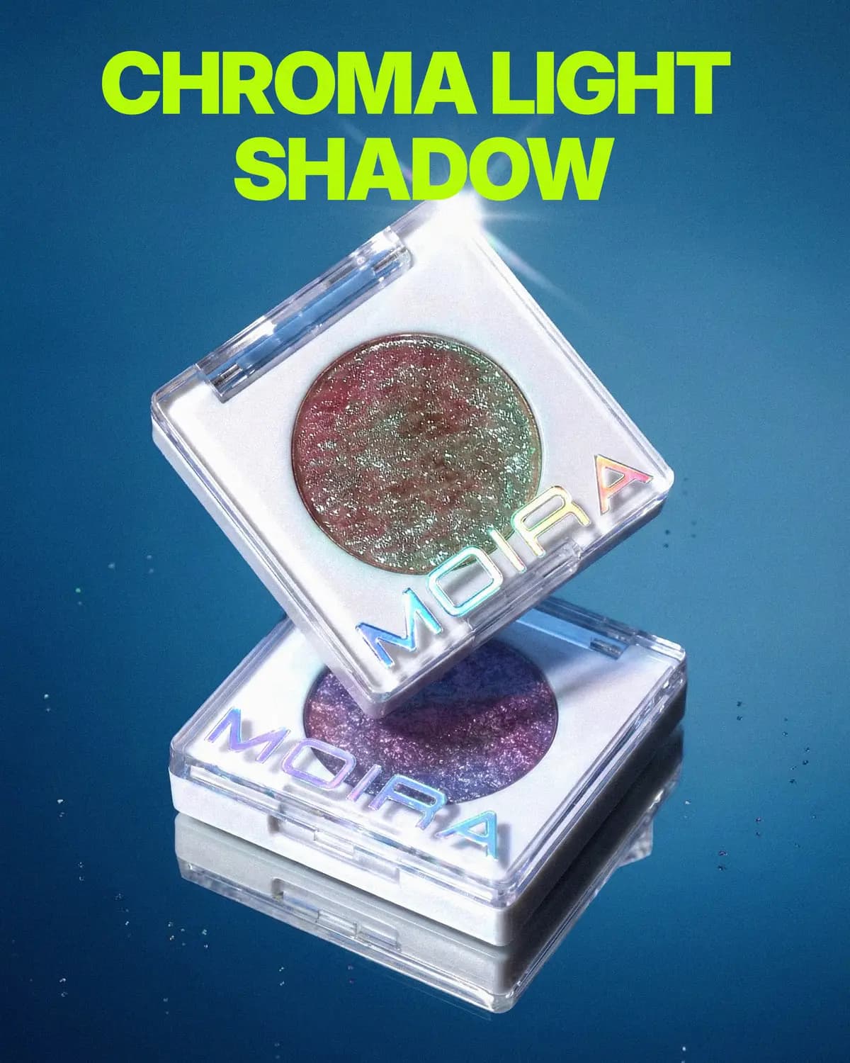 Two Moira compacts with holographic logos and green and purple duo-chrome pans under 'Chroma Light Shadow' text