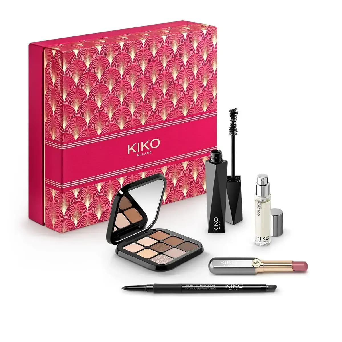 KIKO Milano red gift box with nine-shade nude eyeshadow palette, mascara, Colonne fragrance, lipstick and eyeliner