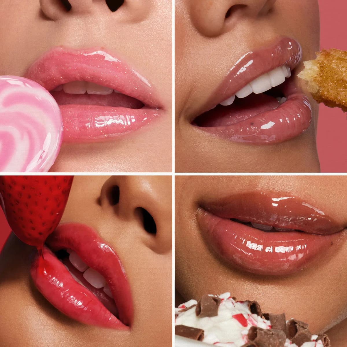 Close-ups of glossy lips in pink shimmer, rosy nude, red and brown, posed with candy, churro, strawberry and cream