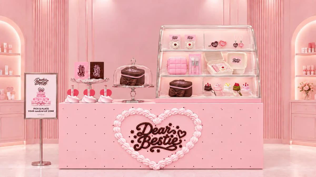 Pink Dear Bestie counter with whipped-cream heart, palettes, tints and a bakery case of pouches, brushes and cake charms