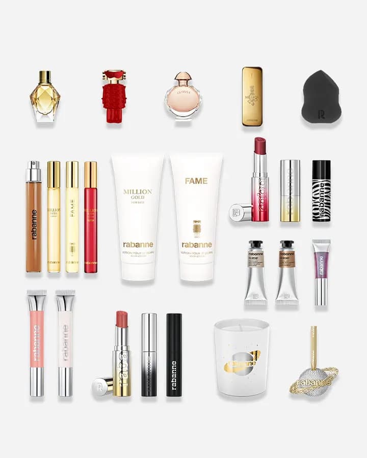 Flat lay of 24 calendar contents including Million, Fame and Olympéa fragrances, body lotions, lipsticks, mascaras, candle