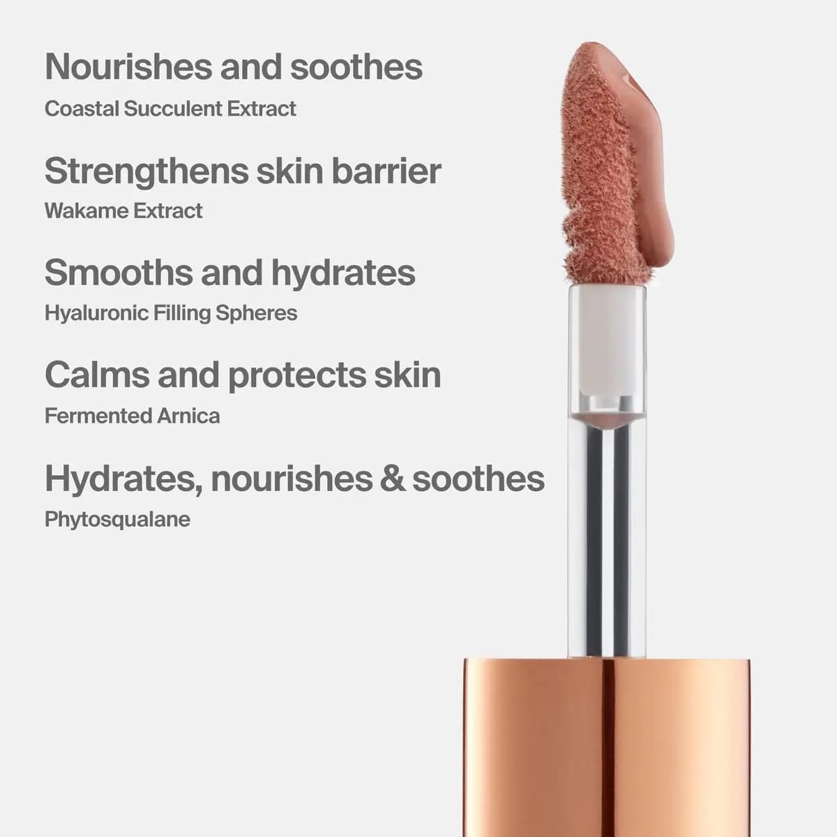 Doe-foot applicator with rosy-brown liquid beside ingredient list including Wakame Extract, Fermented Arnica, Phytosqualane