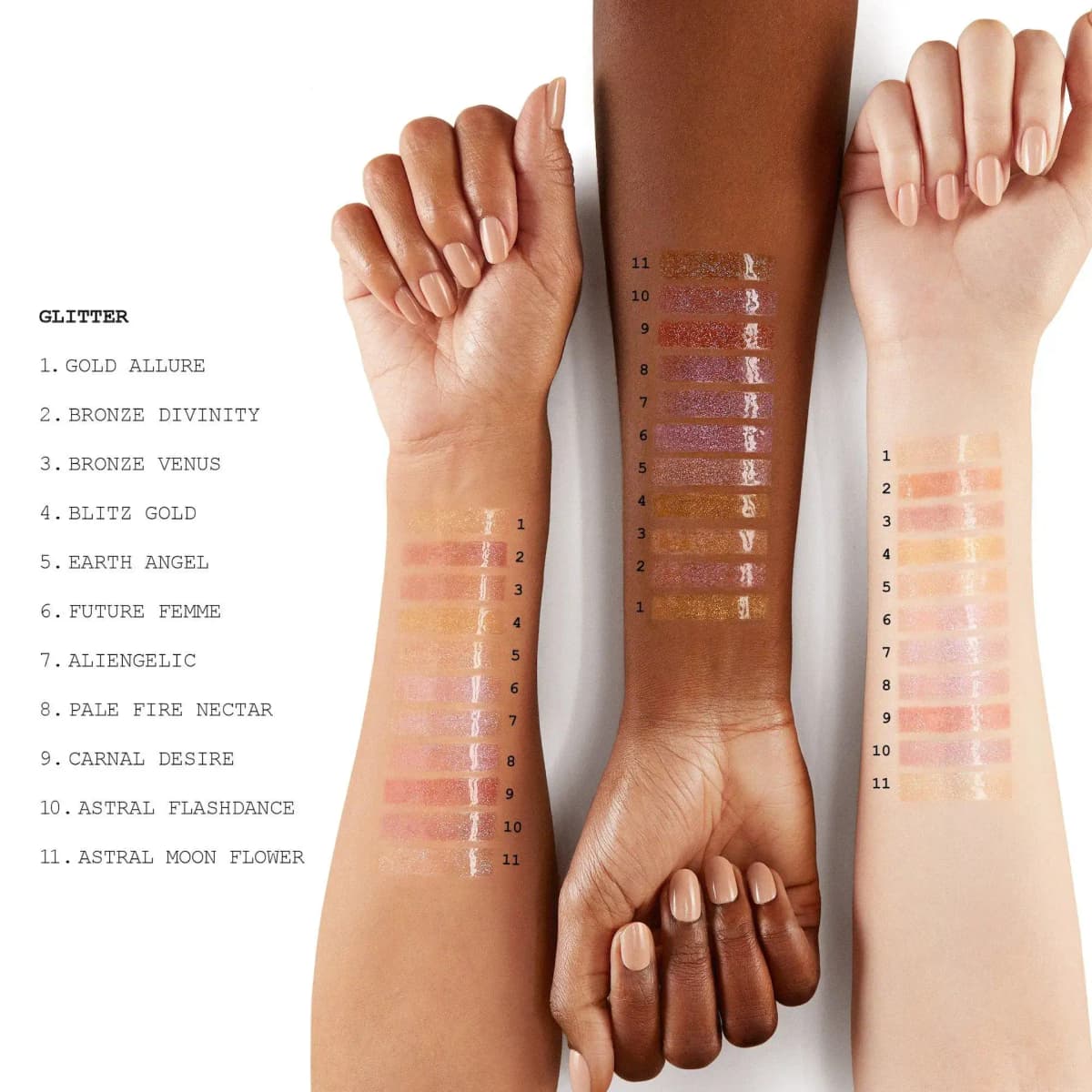 Eleven numbered glitter gloss arm swatches, including Earth Angel and Aliengelic, on three skin tones