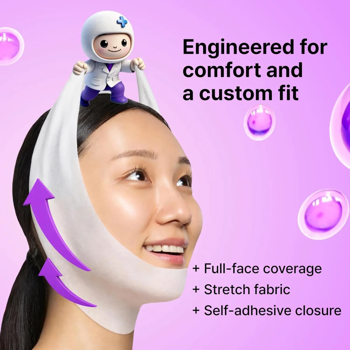 Smiling woman wearing the white stretch wraparound mask with a cartoon mascot pulling the fabric.