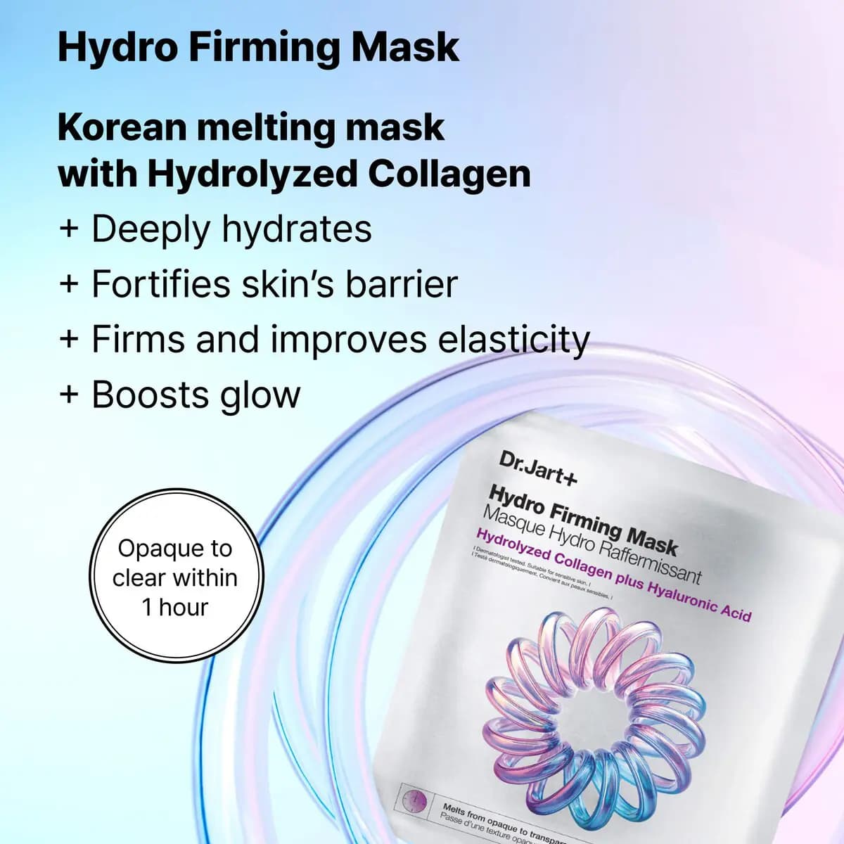Silver Hydro Firming Mask pouch with iridescent pink-blue coil graphic and a list of firming, hydrating benefits