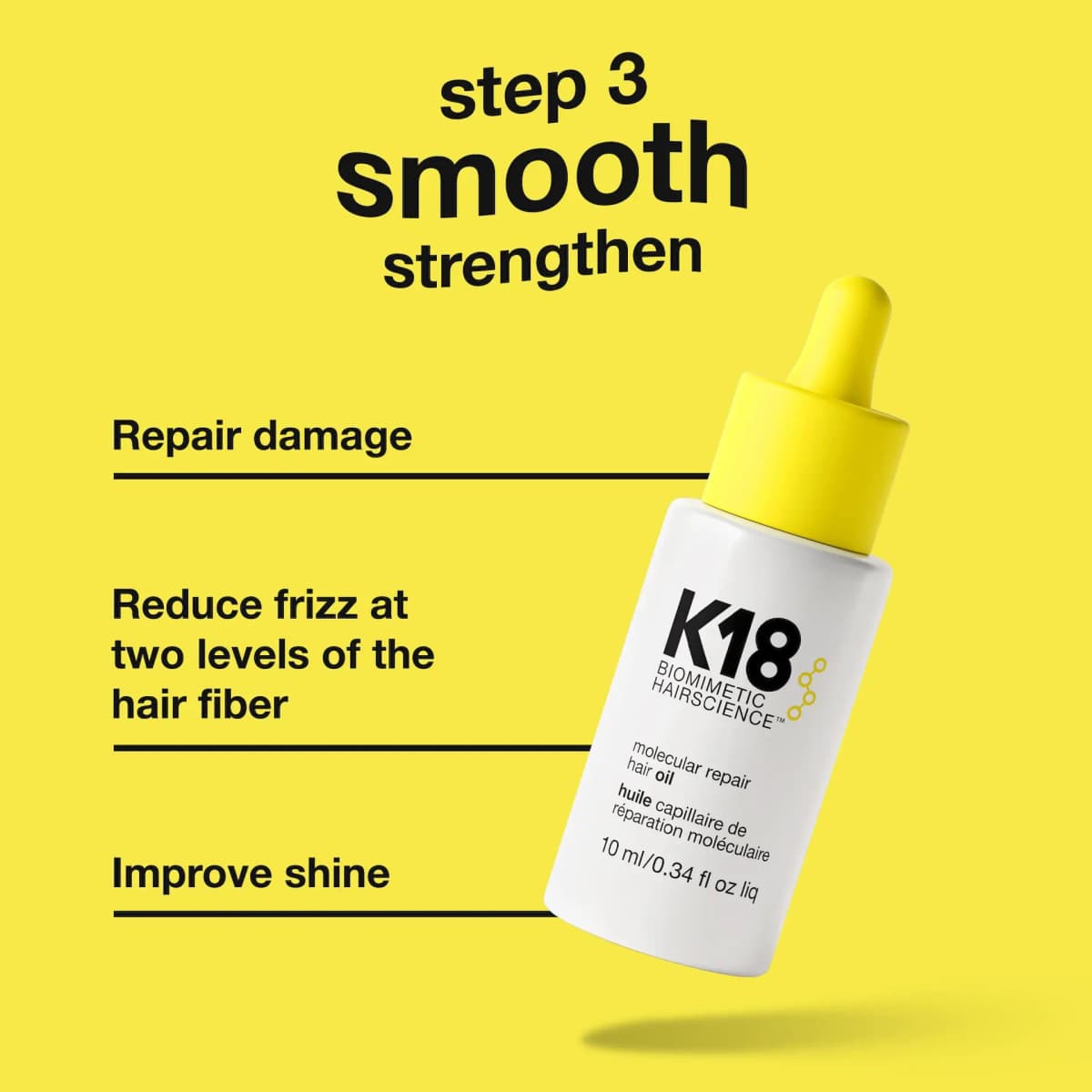 K18 molecular repair hair oil with yellow dropper floating on a bright yellow background under 'step 3 smooth