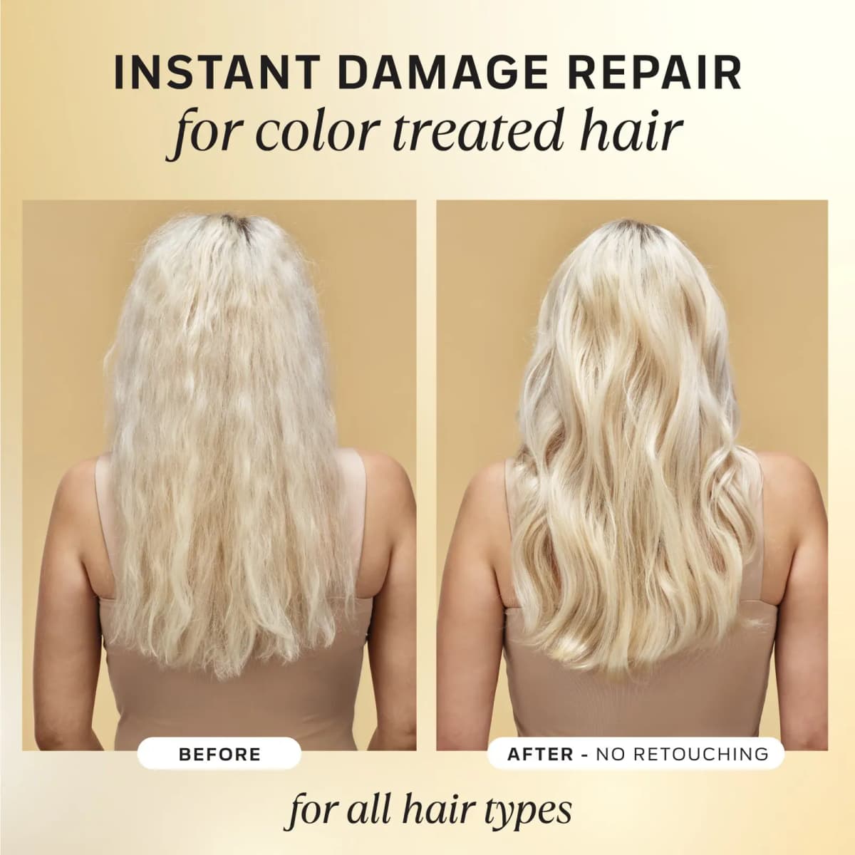 Before-and-after of a model's frizzy, dry platinum blonde hair turned into smooth, glossy waves, labelled no retouching