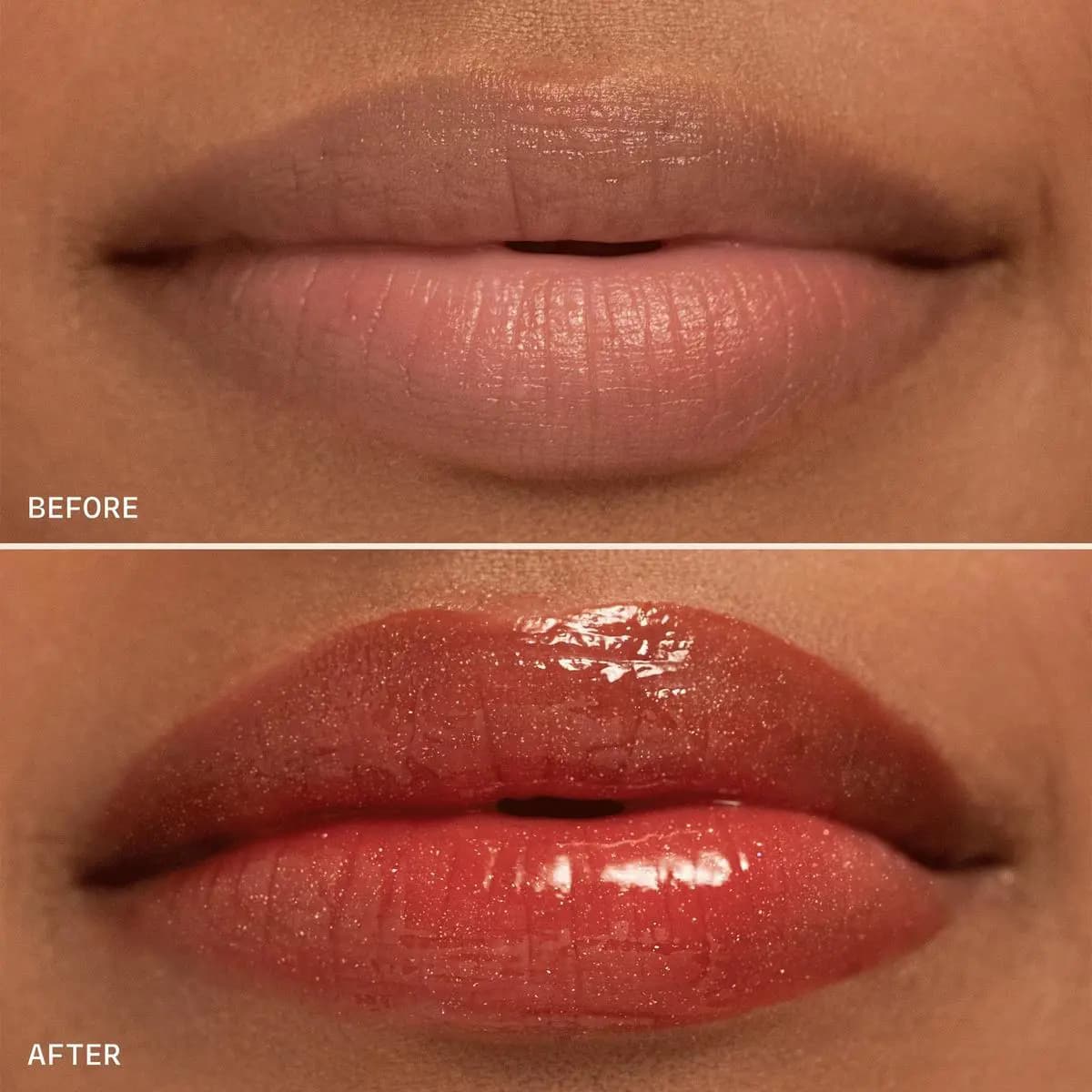 Before and after on deeper skin: bare lips, then a glossy brick-red tint with subtle shimmer