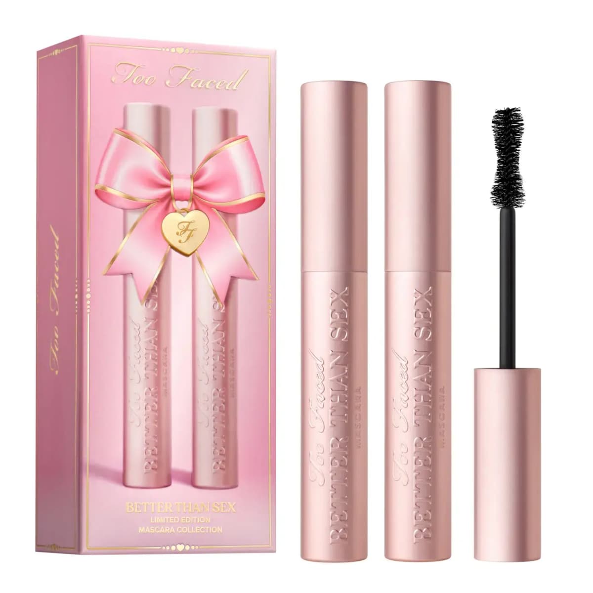 Better Than Sex mascara duo in rose-gold tubes with pink bow-adorned box and wand exposed.
