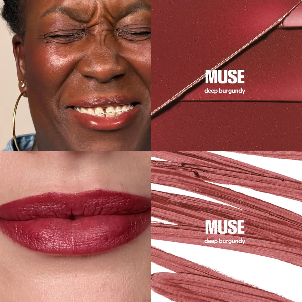 Models wearing Muse deep burgundy on lips and cheeks next to cream and pencil swatches