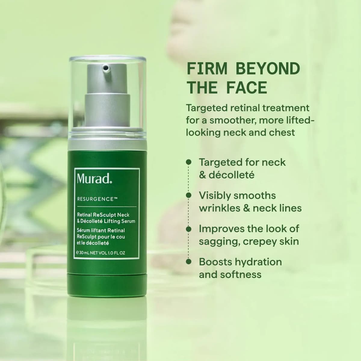 Green pump bottle on mint backdrop beside 'Firm Beyond the Face' headline and four benefit bullet points