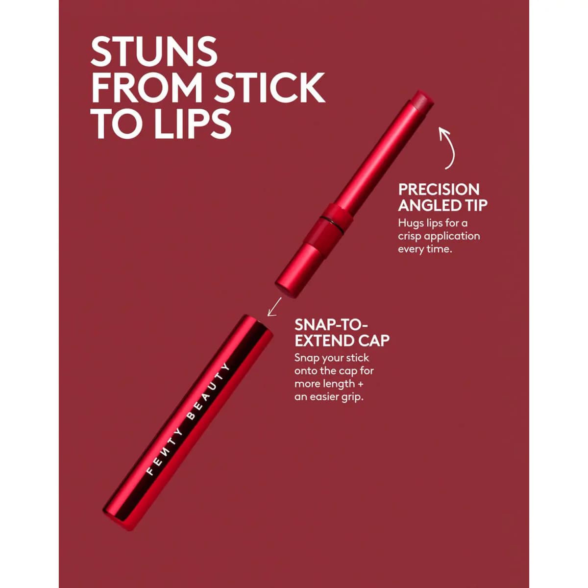 Diagram of the red stick and cap labelled with its precision angled tip and snap-to-extend cap for an easier grip