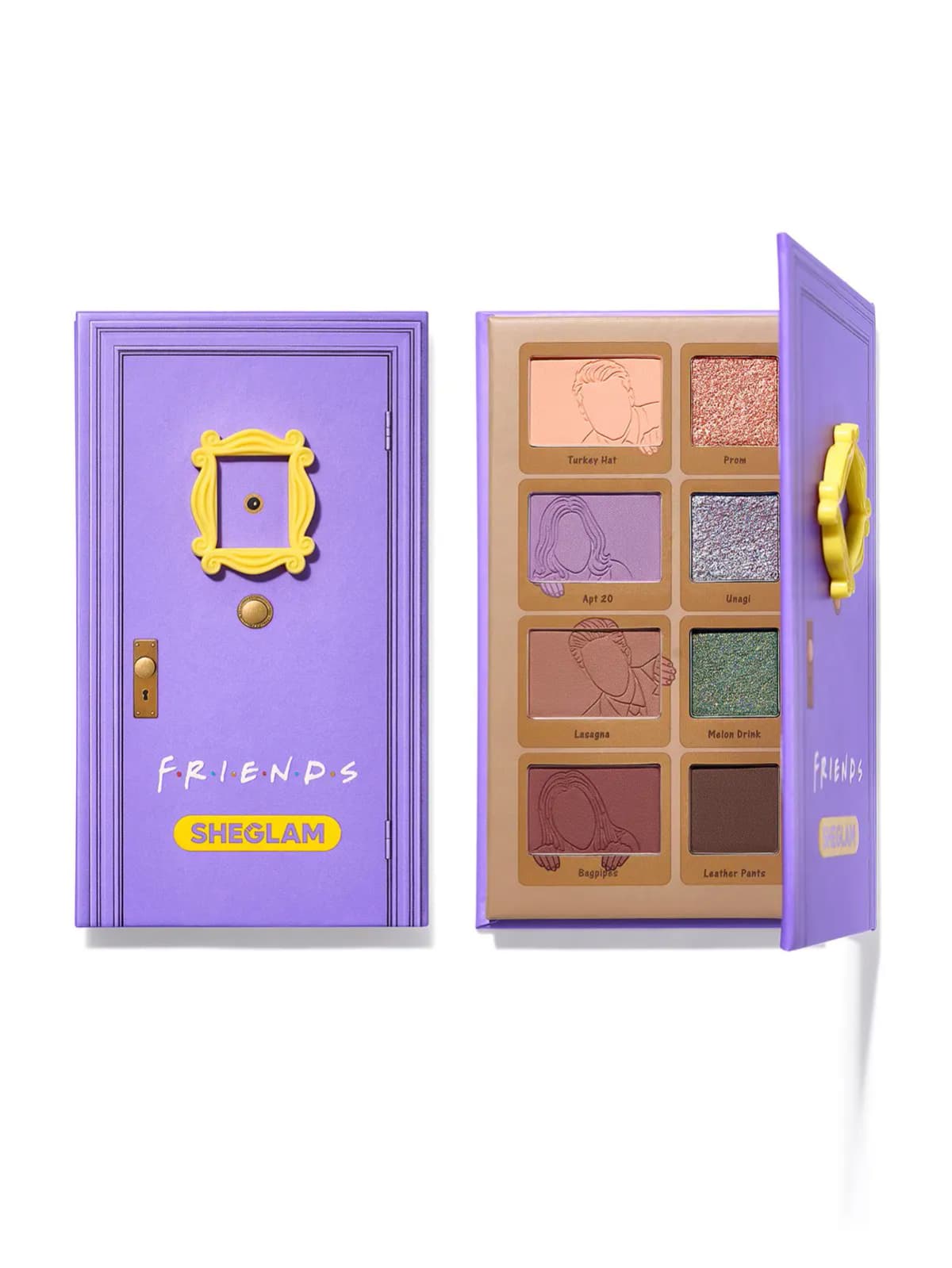 Purple Door Eyeshadow Palette shown closed like Monica's door and open with eight shades in labelled pans