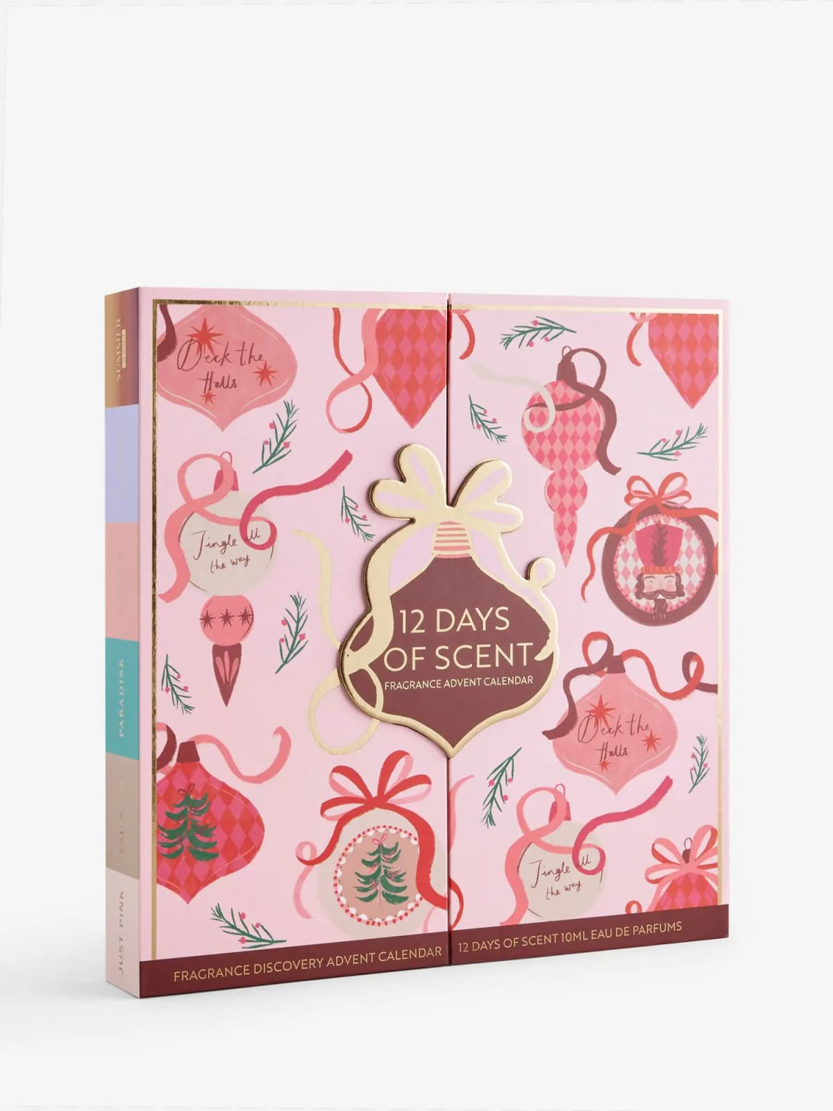 Closed pink box with festive bauble illustrations, gold 12 Days of Scent ornament and colour-blocked scent-name side panel