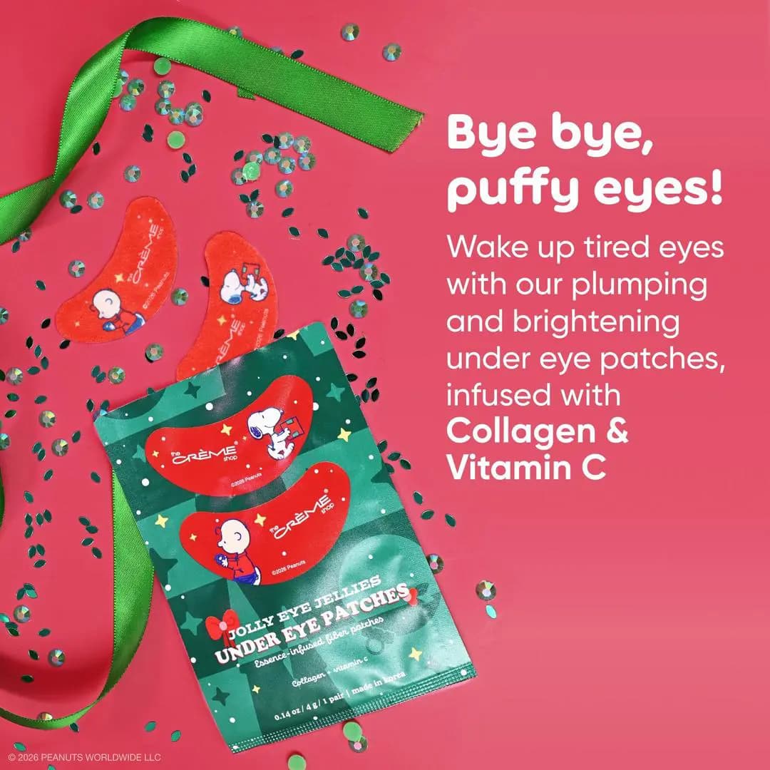 Red Peanuts undereye patches and green sachet on pink with sequins, noting collagen and vitamin C.