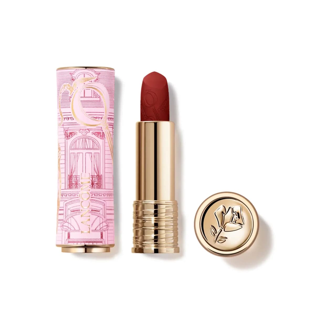 Lancôme matte lipstick in deep brick red with a gold base, pink Parisian facade sleeve and rose-embossed gold cap