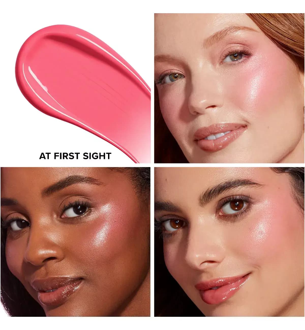 At First Sight pink blush swatch beside three models with glowy, dewy pink cheeks
