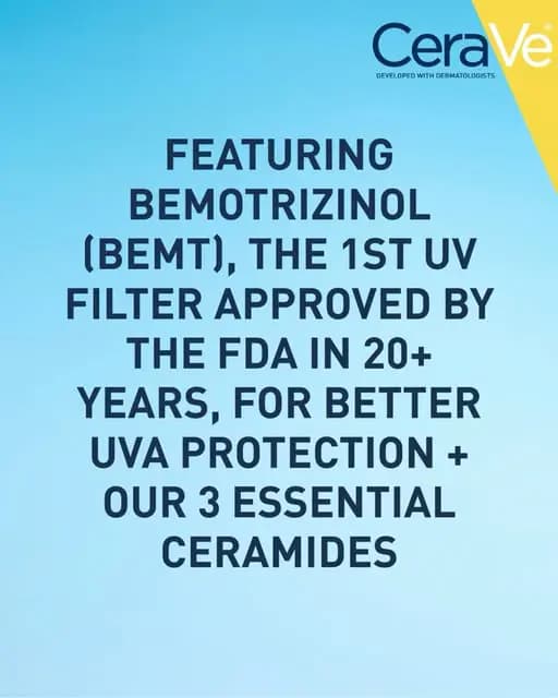 Light blue slide with CeraVe logo and navy text on bemotrizinol, the 1st FDA-approved UV filter in 20+ years, plus ceramides
