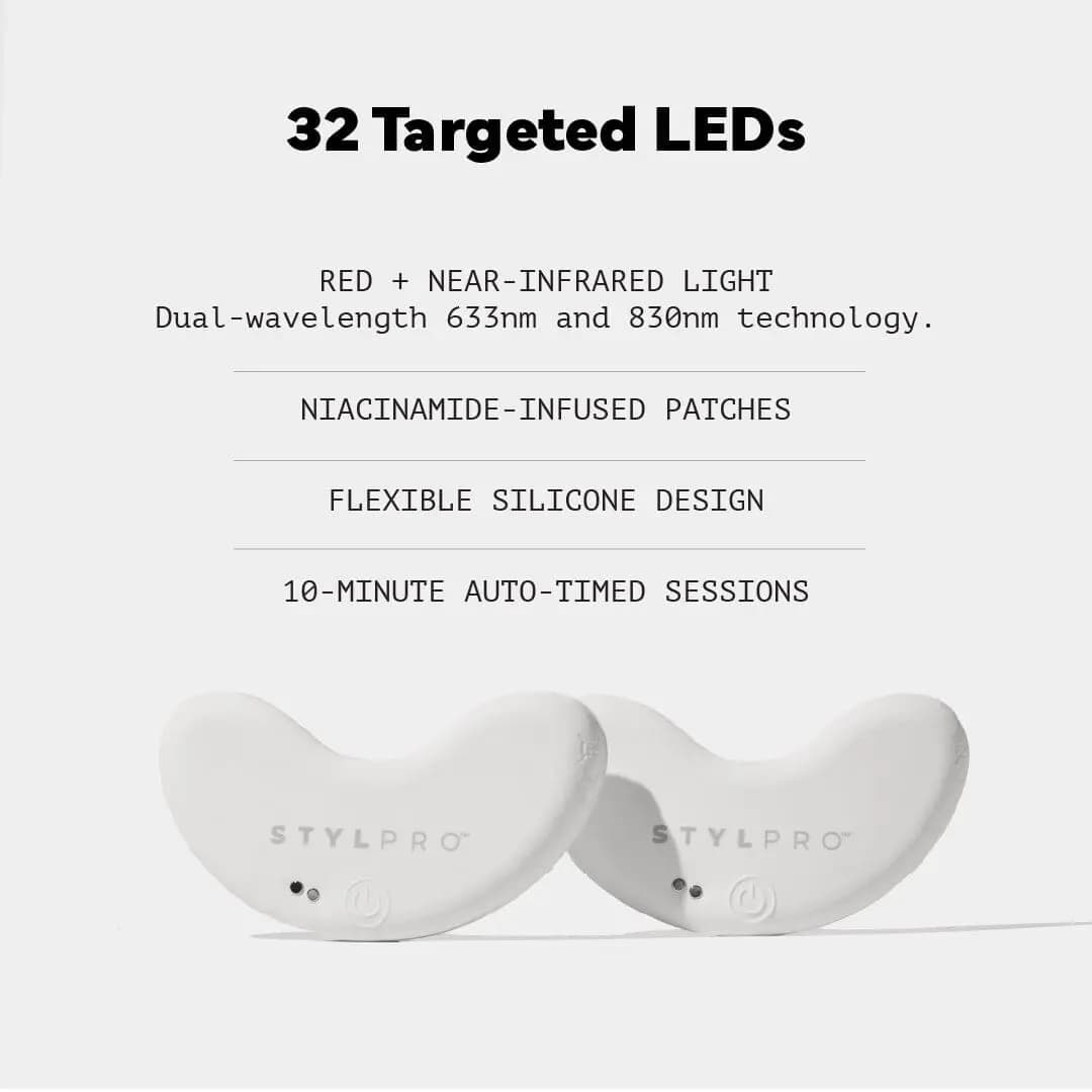 Two white STYLPRO LED patches under a feature list: 32 LEDs, 633nm and 830nm light, silicone design, 10-minute sessions