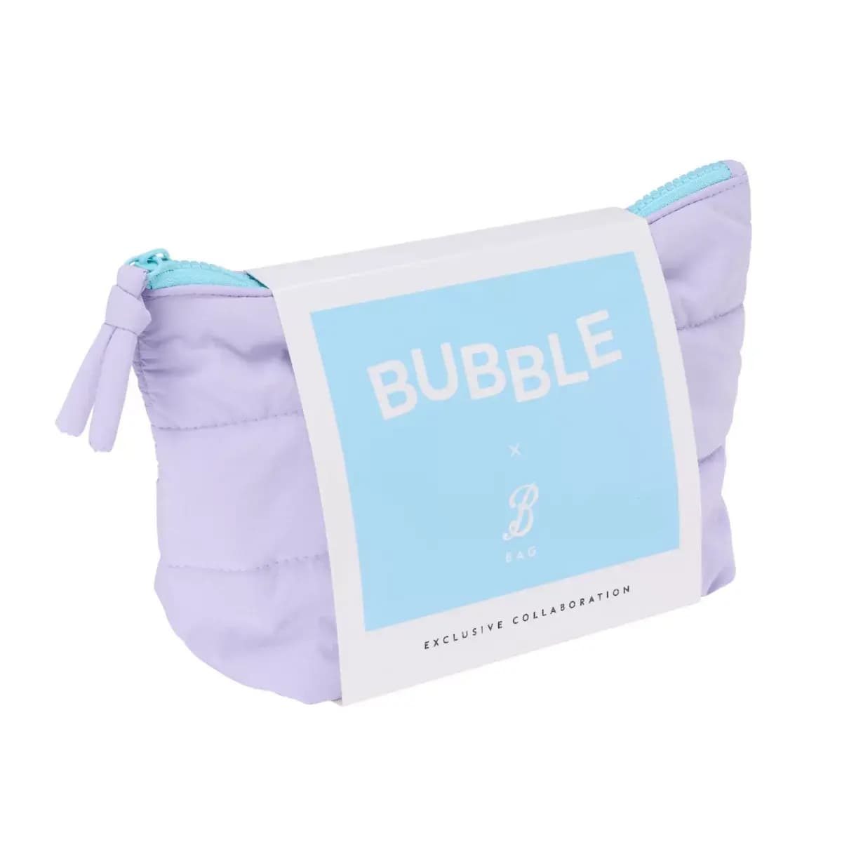Lilac quilted makeup bag with aqua zip and a Bubble x B Bag Exclusive Collaboration sleeve, angled view