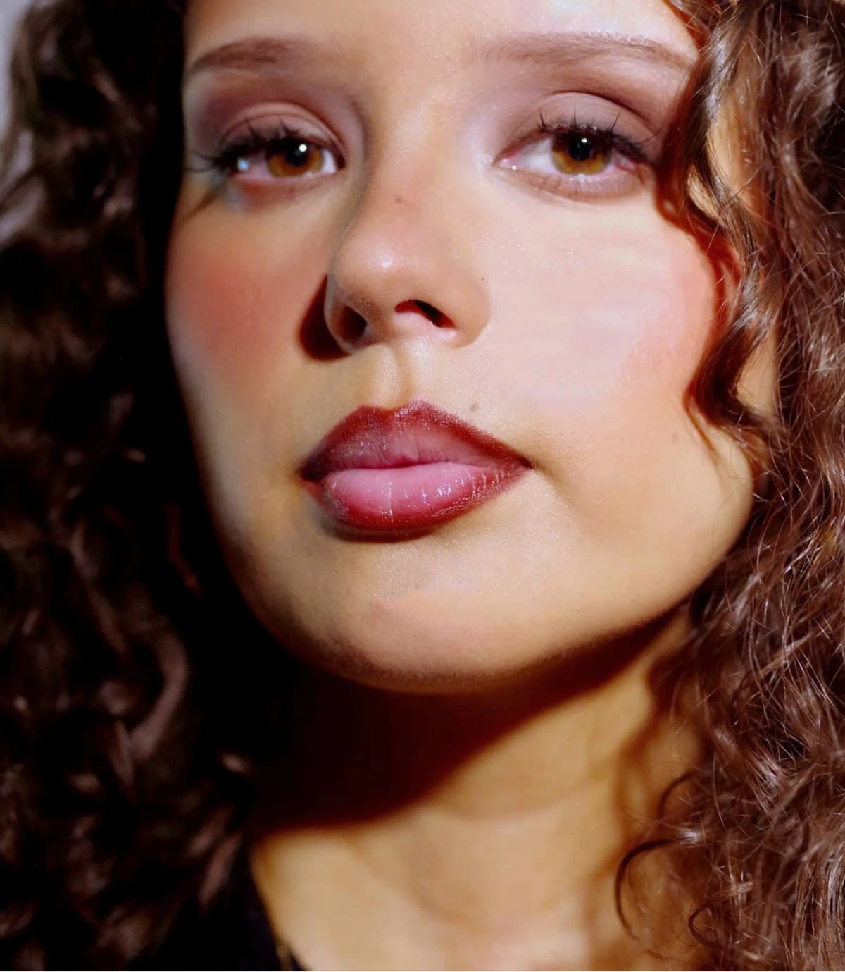Model with curly brown hair wearing a defined brown-red lip liner with a soft pink centre and glossy finish