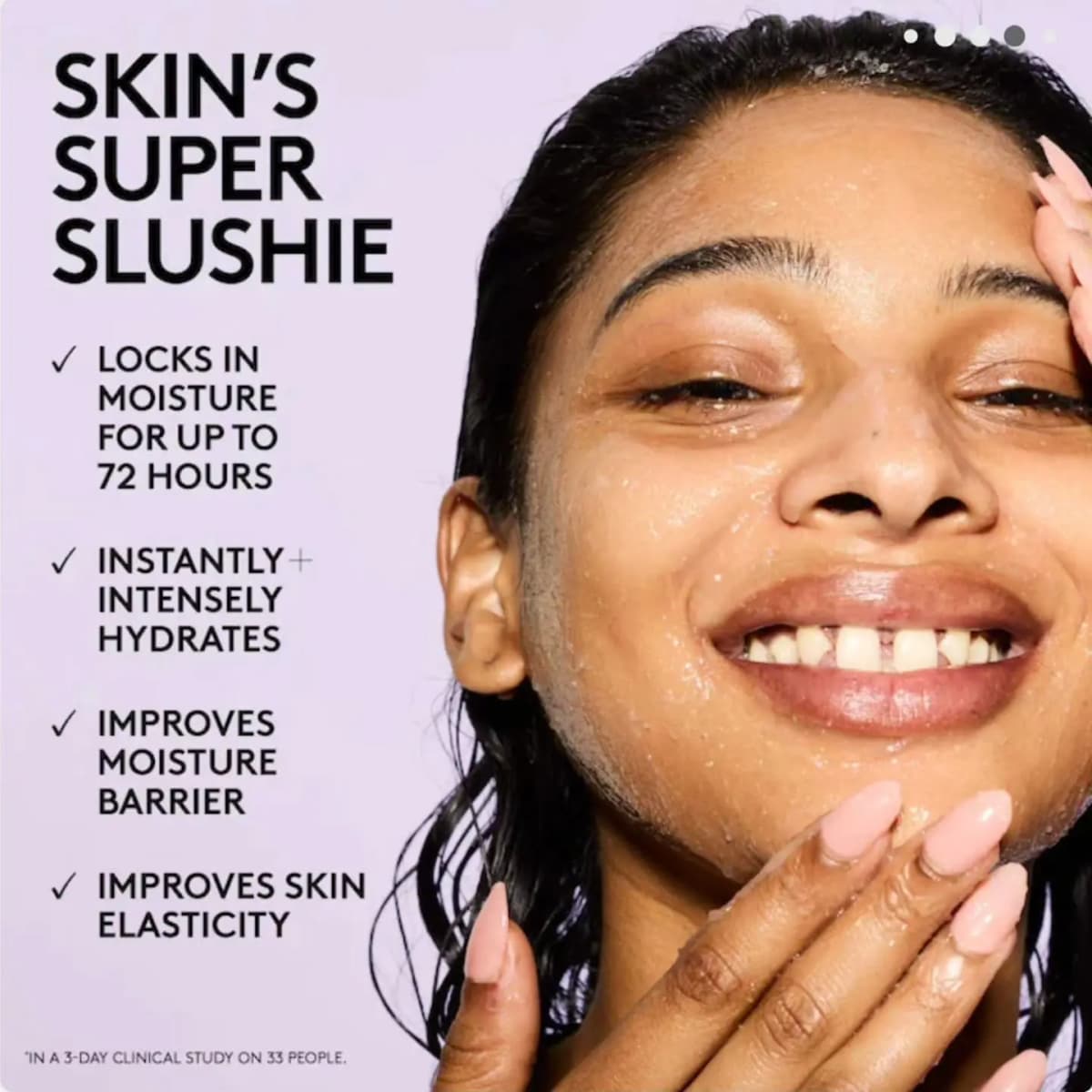 Model applying Fenty Skin Dew N Plump Slushie Mask with claims of 72-hour moisture lock and improved elasticity