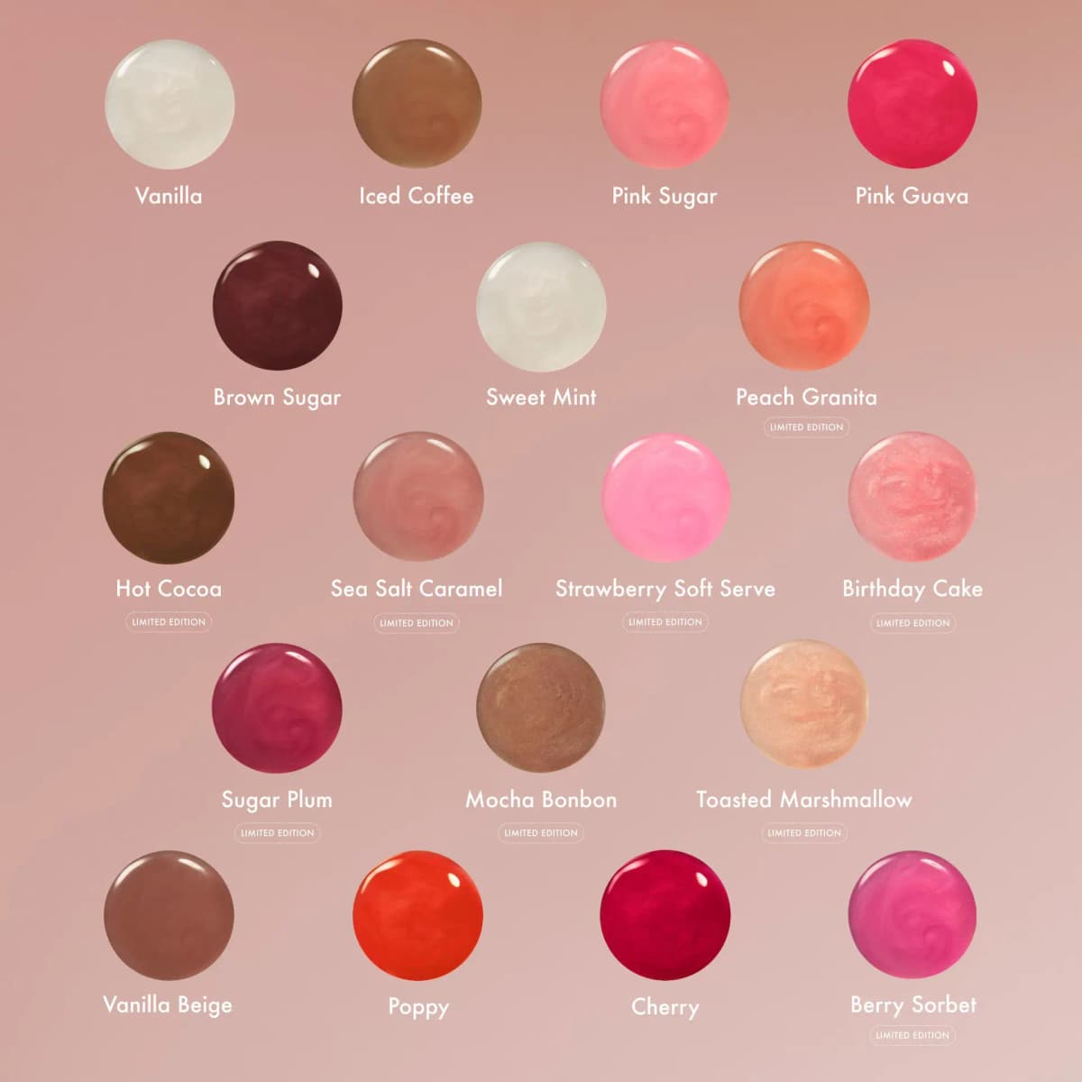 Grid of 18 glossy Lip Butter Balm swatches from clear Vanilla to deep Brown Sugar, limited editions labelled