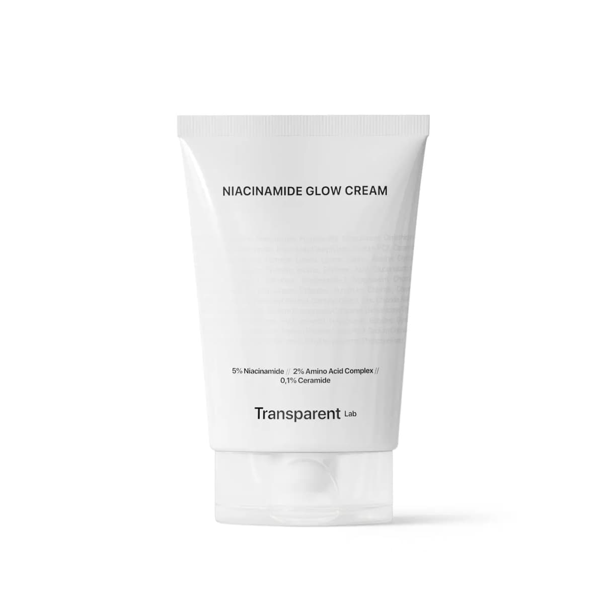 White squeeze tube of Transparent Lab Niacinamide Glow Cream with 5% niacinamide, 2% amino acid complex, 0.1% ceramide