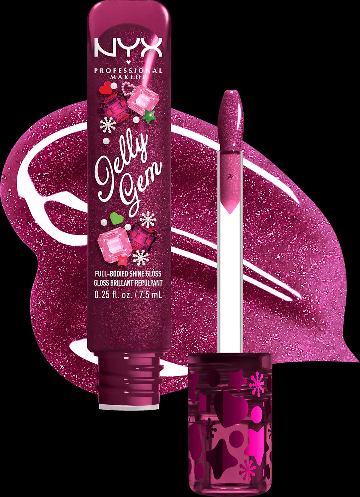 NYX Jelly Gem High Shine Gloss in 02 Fuchsia pink shimmer with wand and vivid glittery pink swatch.
