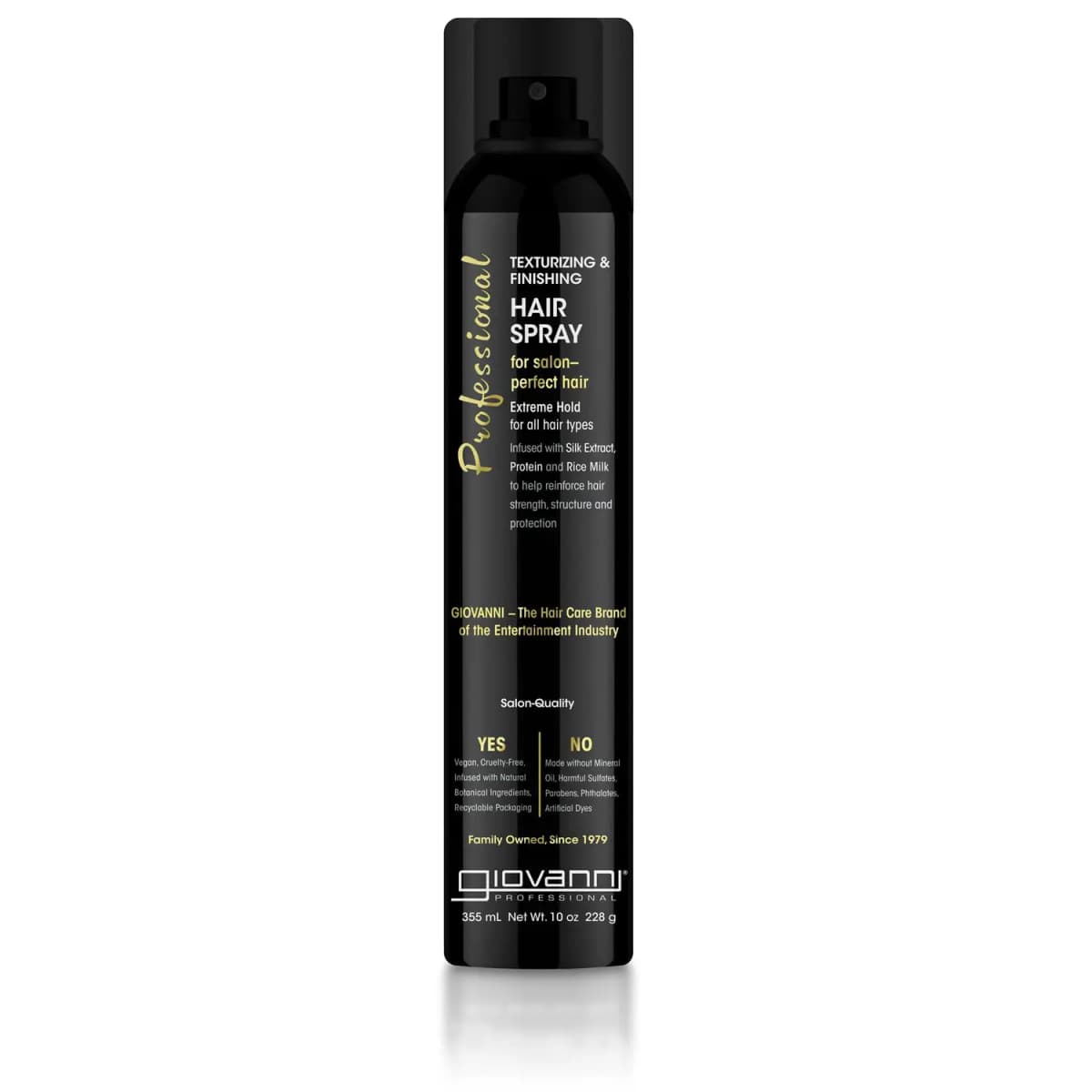 Giovanni Professional Texturizing & Finishing Hair Spray, extreme hold, in a tall black aerosol can.