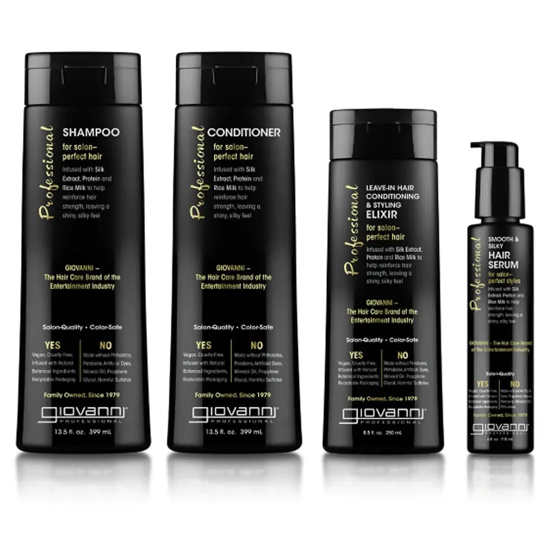 Giovanni Professional Shampoo, Conditioner, Leave-In Elixir and Smooth & Silky Hair Serum lined up on white.