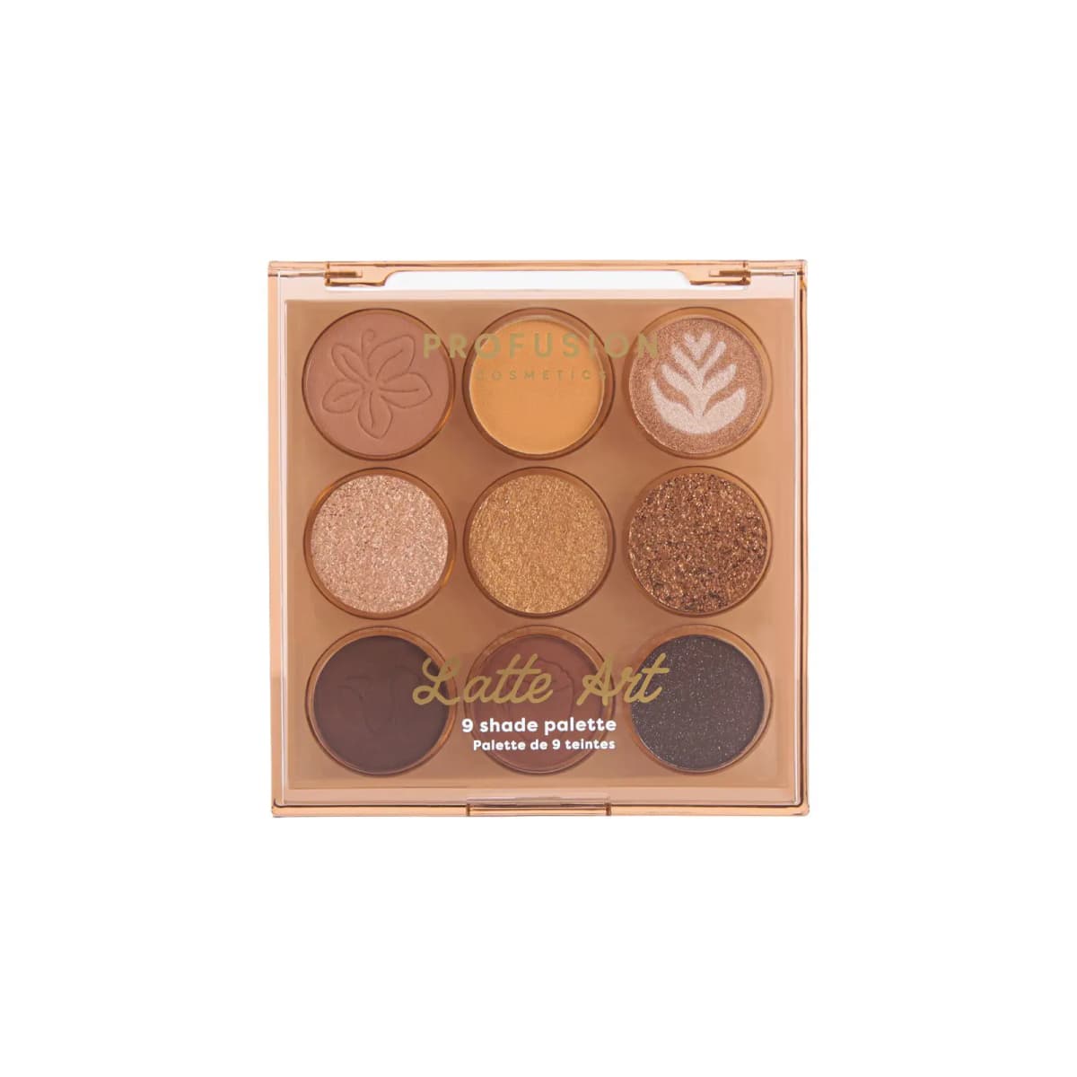 Profusion Latte Art 9 shade palette with matte and shimmer caramel, gold and espresso eyeshadows in a clear case.
