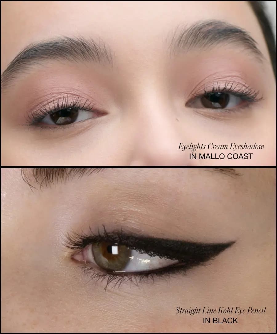 Matte soft pink Mallo Coast shadow on both eyes above a sharp winged line drawn in Black kohl pencil