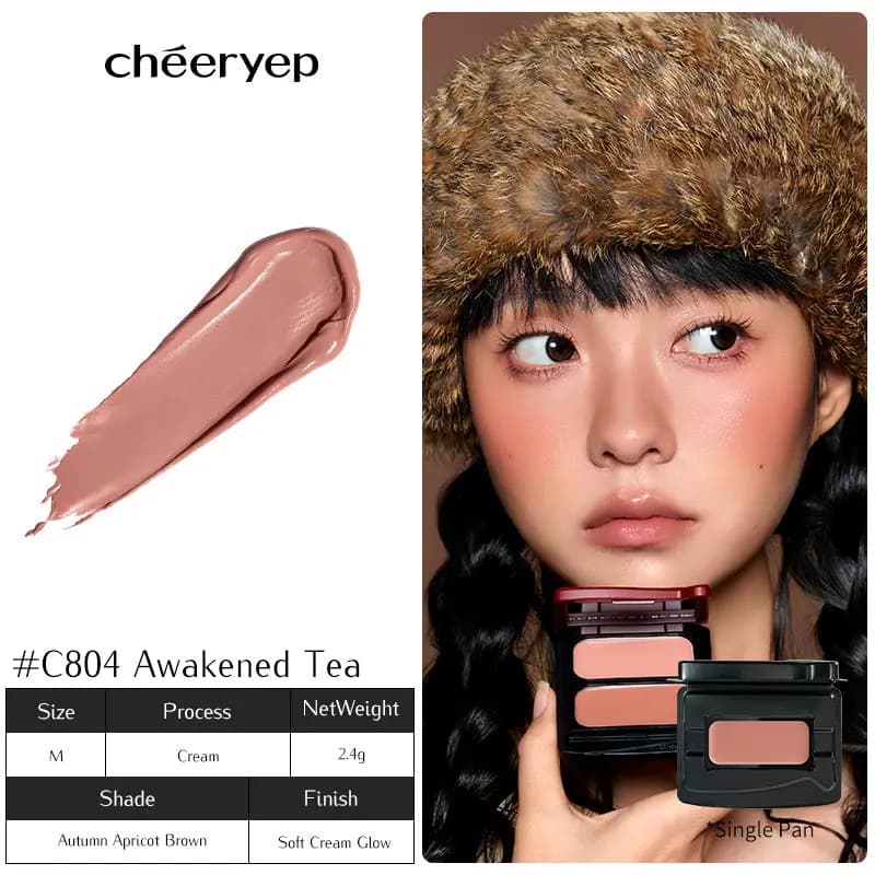 C804 Awakened Tea autumn apricot brown swatch and a braided model holding a duo compact with warm apricot blush