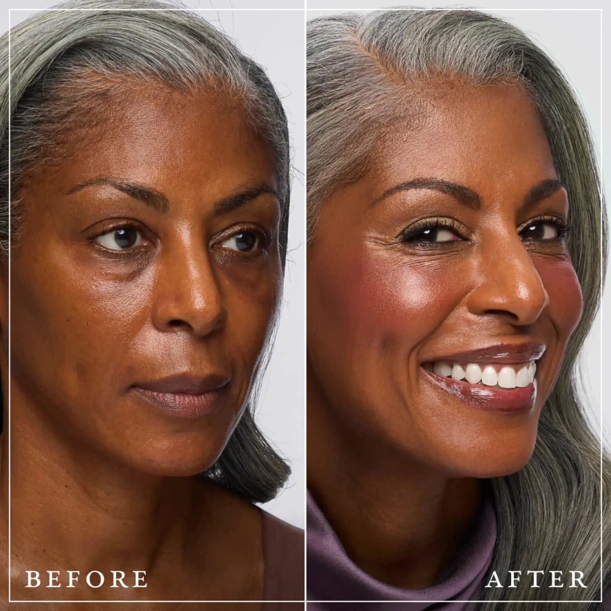 Before and after of a silver-haired woman with deep skin, smiling with warm rosy blush, golden eyes and glossy lips.
