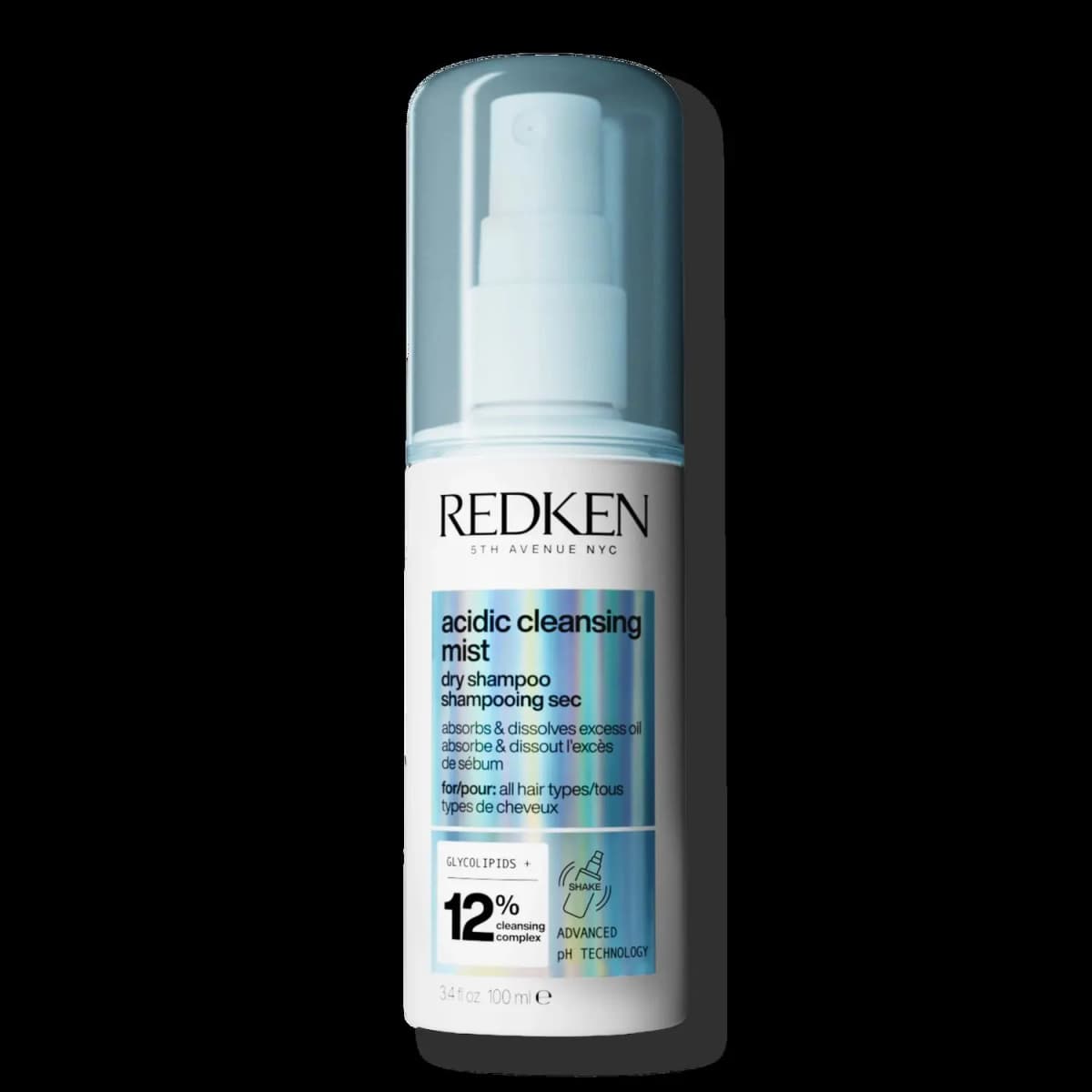Redken Acidic Cleansing Mist Dry Shampoo in a white 100 ml pump bottle with clear blue cap and holographic label