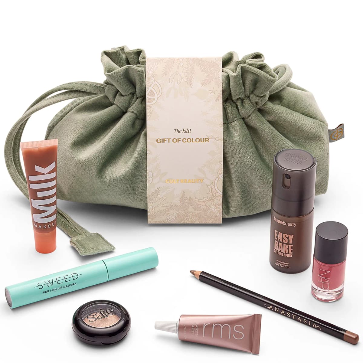 Gift of Colour drawstring pouch with Anastasia pencil, Sweed mascara, Saie eyeshadow and NARS polish on white