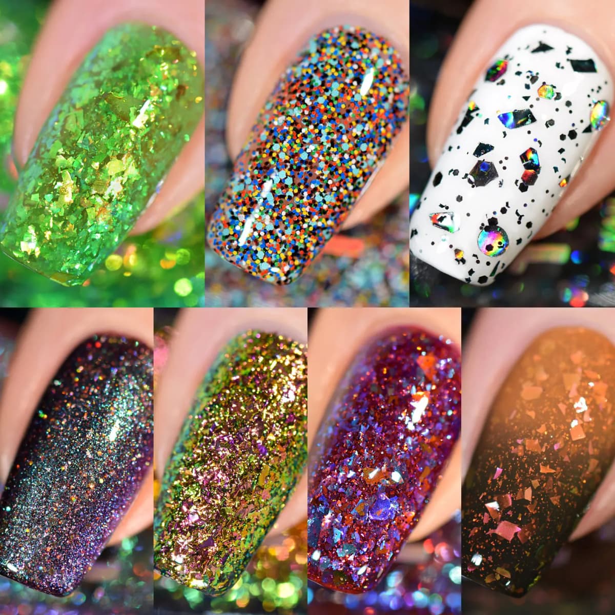 Macro close-ups of seven nails showing flakes, rainbow micro-glitter, holo shapes on white and an orange-to-black gradient