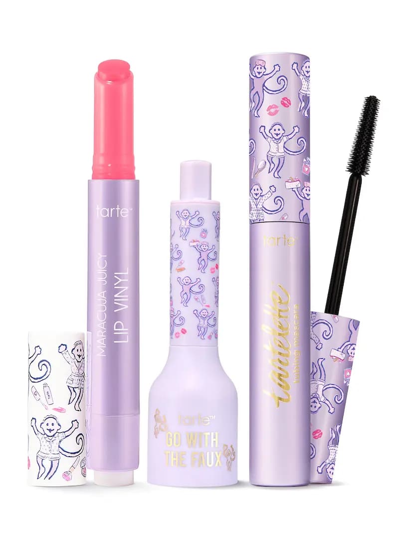 Tarte Maracuja Juicy Lip Vinyl, Go With The Faux and tartelette tubing mascara in lavender monkey-print packaging