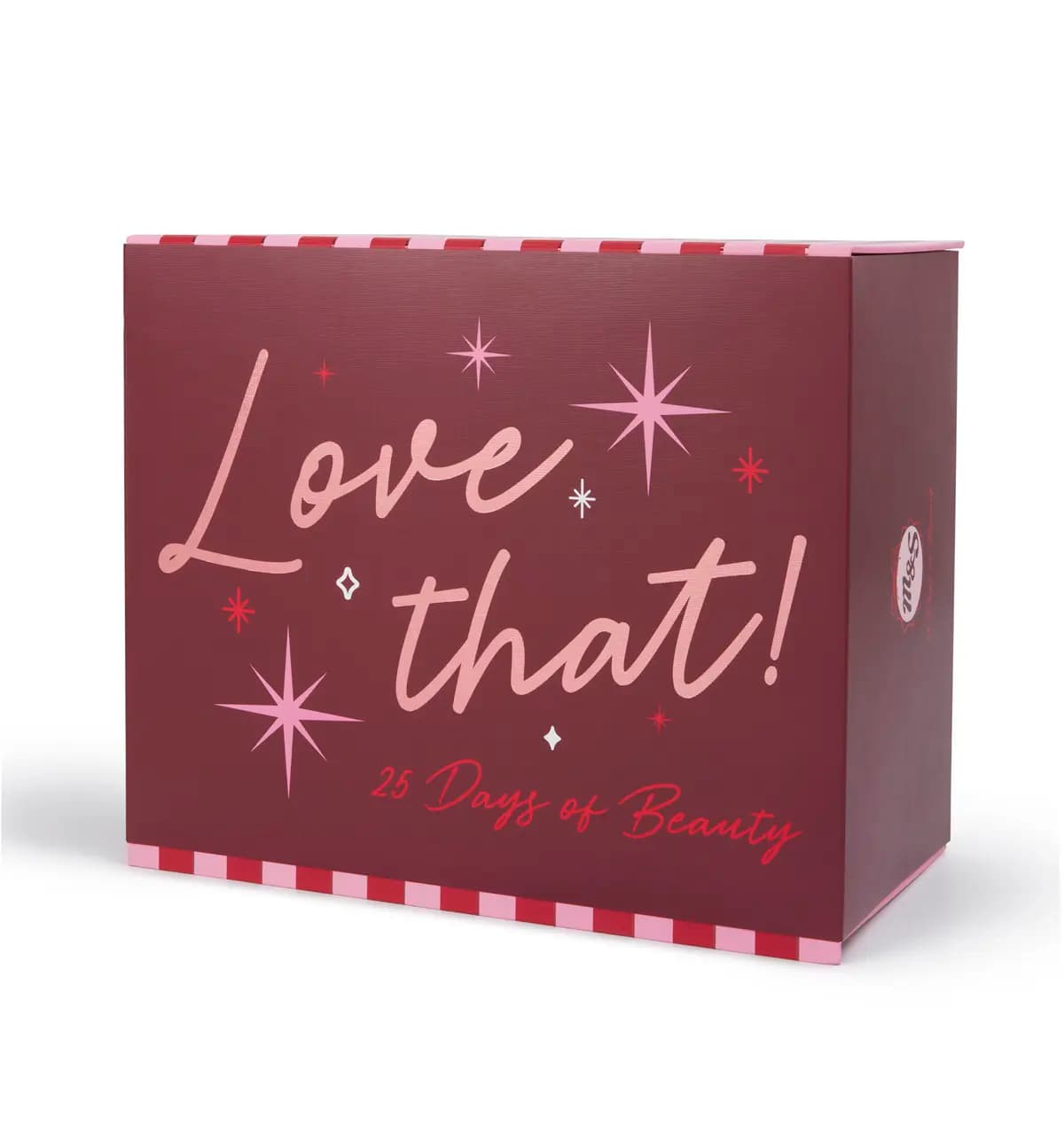 Burgundy M&S box with pink stars and script reading 'Love that! 25 Days of Beauty' above a checked trim