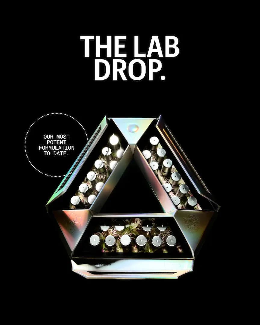 Allies of Skin The Lab Drop 10/10/10 Multi GF Exo Advanced Recovery Ampoules in open holographic triangle box on black