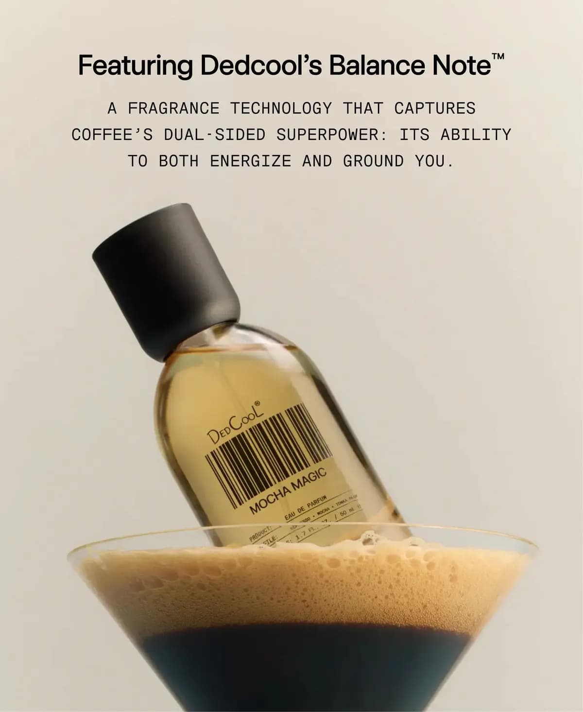 DedCool Mocha Magic bottle balanced on a martini glass filled with frothy espresso, promoting Balance Note technology
