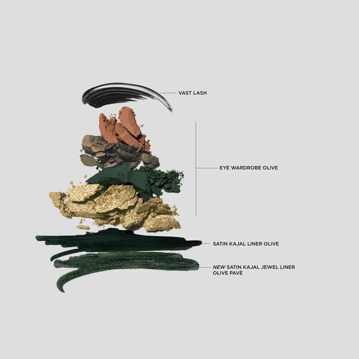 Crushed terracotta, khaki, green and gold shadows above dark green liner swatches labelled Olive and Olive Pavé