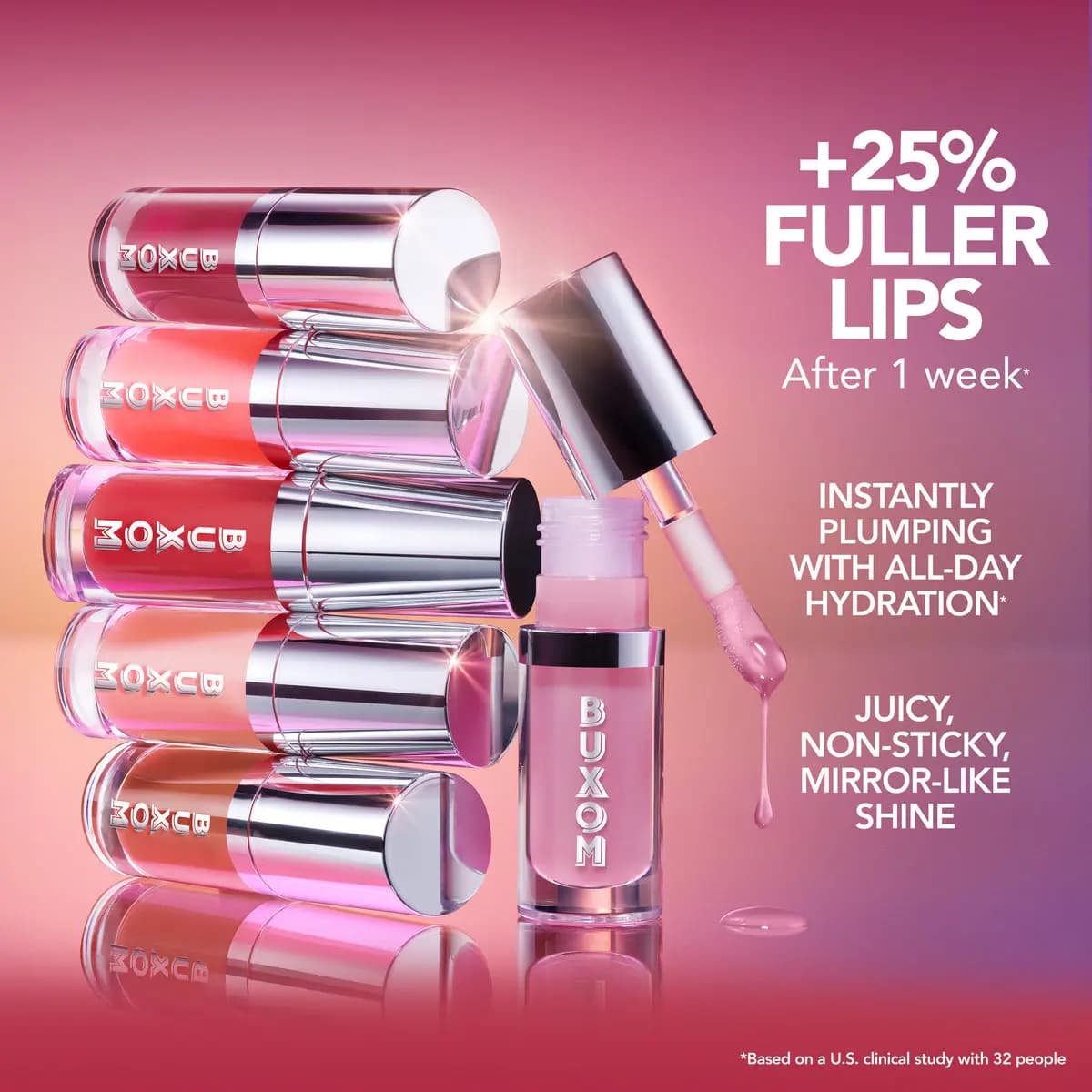 Stacked BUXOM lip oil tubes in red, coral and pink beside an open pink oil dripping from its wand, with plumping claims.